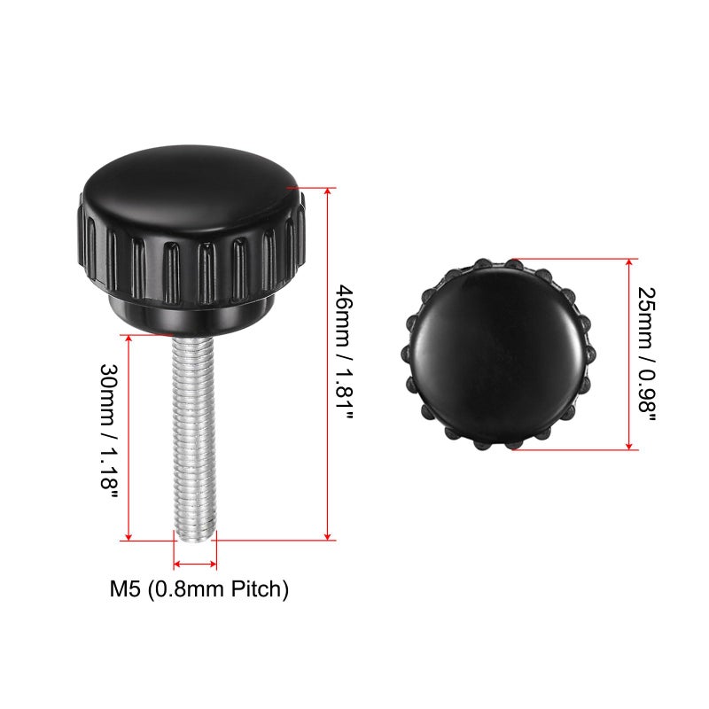 uxcell 8pcs Knurled Clamping Knobs M5 x 30mm Metric Zinc Plated Carbon Steel Male Thread Thumb Screw on Type 25mm Plastic Round Head Threaded Hand Bolt Stud Knobs Black - Image 2